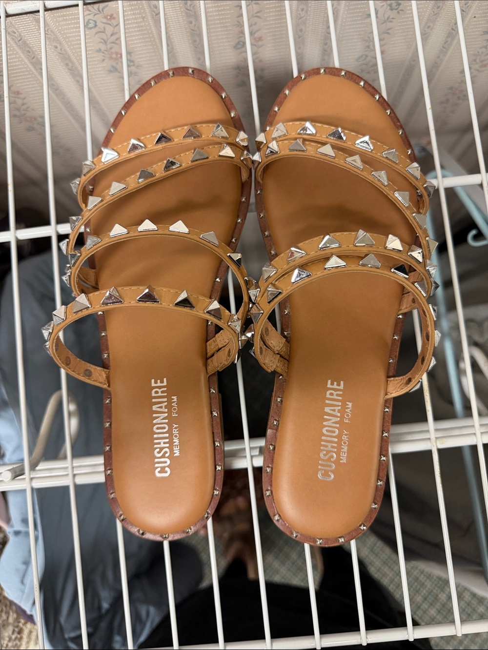 Cushionaire Tan Studded Multi-Strap Slide Sandals